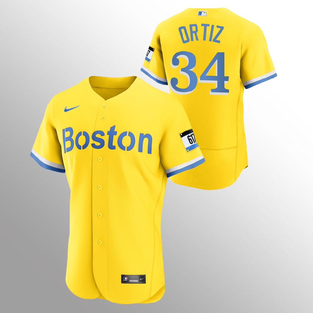 Boston Red Sox #34 David Ortiz Men's Nike 2021 City Connect Gold Authentic MLB Jersey Boston Red Sox #34 David Ortiz Men's Nike 2021 City Connect Gold Authentic MLB Jersey