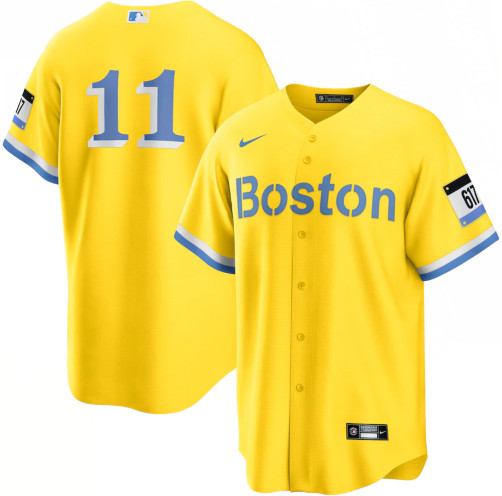 Men's Boston Red Sox #11 Rafael Devers Nike Gold Light Blue 2021 City Connect Player Jersey Men's Boston Red Sox #11 Rafael Devers Nike Gold Light Blue 2021 City Connect Player Jersey