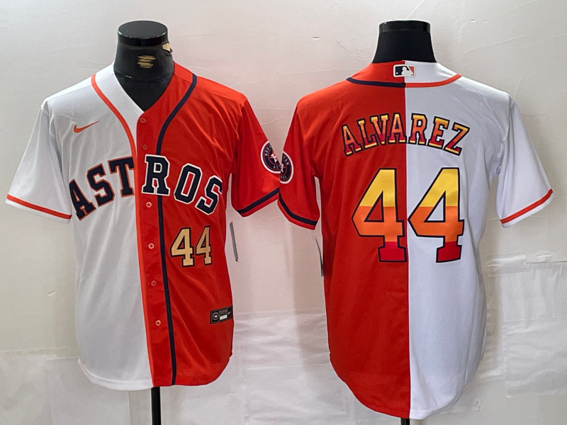 Men's Houston Astros #44 Yordan Alvarez White Orange Split With Patch Cool Base Stitched Baseball Jersey 2 Men's Houston Astros #44 Yordan Alvarez White Orange Split With Patch Cool Base Stitched Baseball Jersey 2