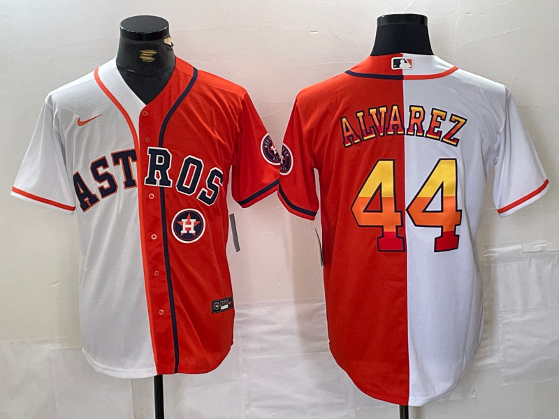 Men's Houston Astros #44 Yordan Alvarez White Orange Split With Patch Cool Base Stitched Baseball Jersey 1 Men's Houston Astros #44 Yordan Alvarez White Orange Split With Patch Cool Base Stitched Baseball Jersey 1