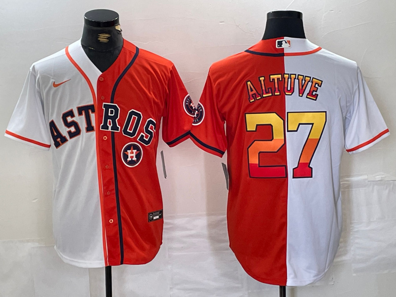 Men's Houston Astros #27 Jose Altuve White Orange Split With Patch Cool Base Stitched Baseball Jersey 2 Men's Houston Astros #27 Jose Altuve White Orange Split With Patch Cool Base Stitched Baseball Jersey 2