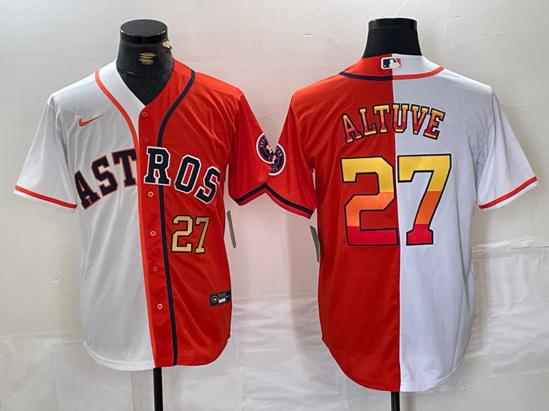 Men's Houston Astros #27 Jose Altuve White Orange Split With Patch Cool Base Stitched Baseball Jersey 1 Men's Houston Astros #27 Jose Altuve White Orange Split With Patch Cool Base Stitched Baseball Jersey 1