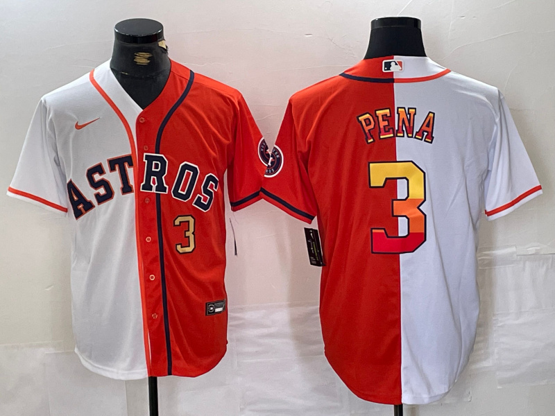 Men's Houston Astros #3 Jeremy Pe?a White Orange Split With Patch Cool Base Stitched Baseball Jersey 2 Men's Houston Astros #3 Jeremy Pe?a White Orange Split With Patch Cool Base Stitched Baseball Jersey 2