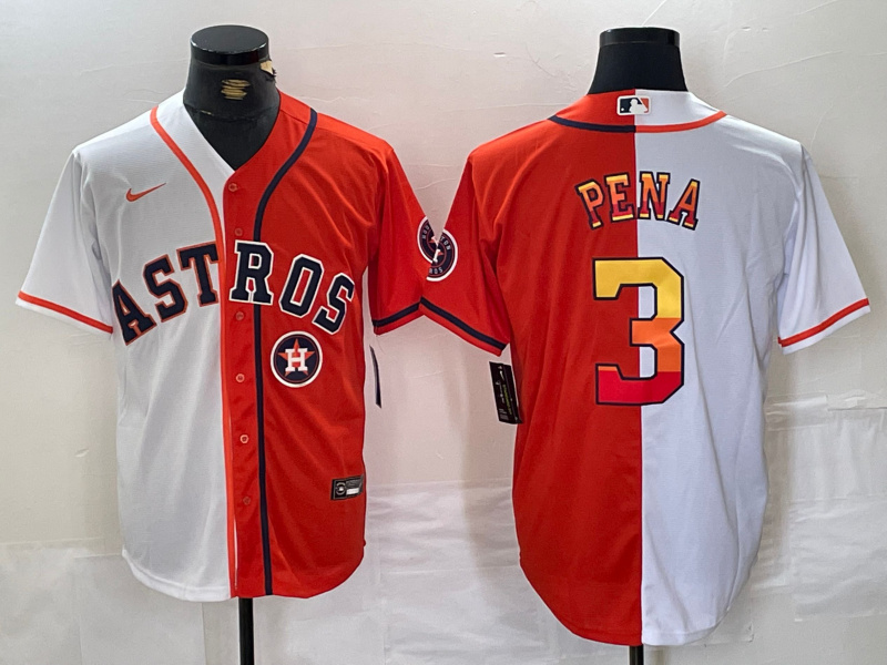 Men's Houston Astros #3 Jeremy Pe?a White Orange Split With Patch Cool Base Stitched Baseball Jersey 1 Men's Houston Astros #3 Jeremy Pe?a White Orange Split With Patch Cool Base Stitched Baseball Jersey 1