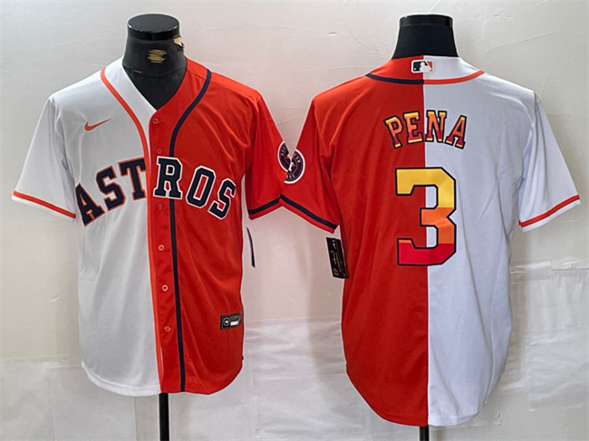 Men's Houston Astros #3 Jeremy Pe?a White Orange Split With Patch Cool Base Stitched Baseball Jersey Men's Houston Astros #3 Jeremy Pe?a White Orange Split With Patch Cool Base Stitched Baseball Jersey
