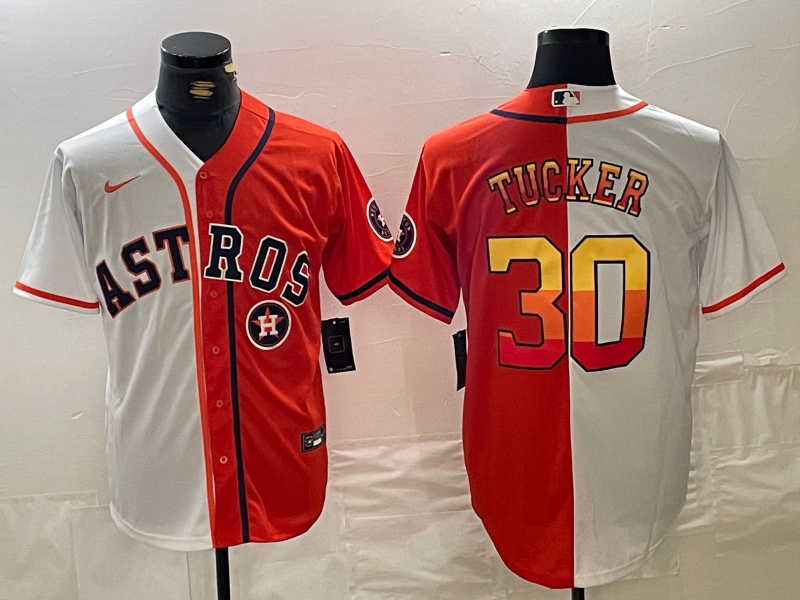 Men's Houston Astros #30 Kyle Tucker White Orange Split With Patch Cool Base Stitched Baseball Jersey 1 Men's Houston Astros #30 Kyle Tucker White Orange Split With Patch Cool Base Stitched Baseball Jersey 1