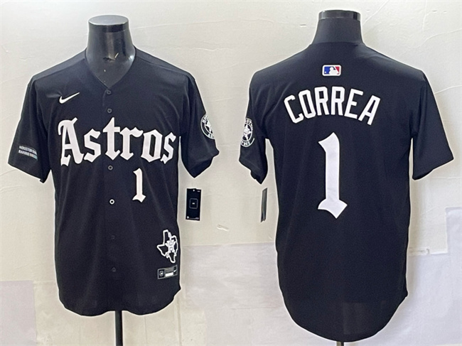 Men's Houston Astros #1 Carlos Correa Black Gothic 'Houston Born Barrio Raised' Limited Stitched Baseball Jersey 1 Men's Houston Astros #1 Carlos Correa Black Gothic 'Houston Born Barrio Raised' Limited Stitched Baseball Jersey 1