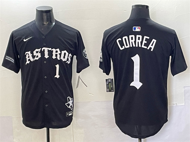 Men's Houston Astros #1 Carlos Correa Black Gothic 'Houston Born Barrio Raised' Limited Stitched Baseball Jersey Men's Houston Astros #1 Carlos Correa Black Gothic 'Houston Born Barrio Raised' Limited Stitched Baseball Jersey