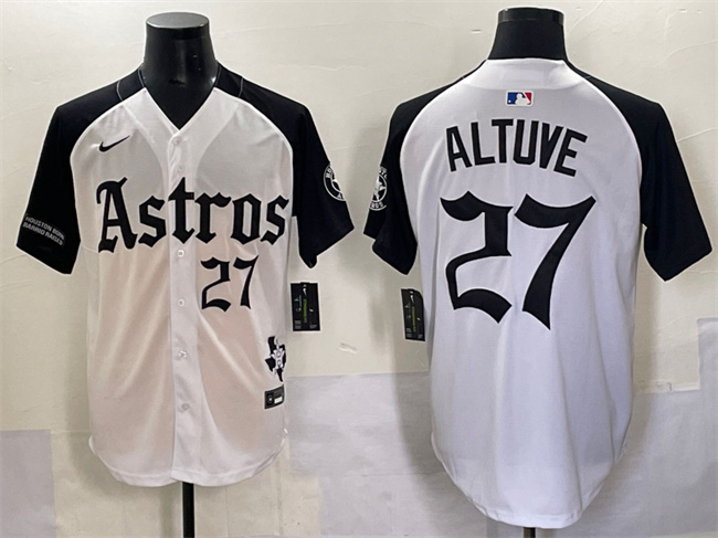Men's Houston Astros #27 Jose Altuve White Black Gothic 'Houston Born Barrio Raised' Limited Stitched Baseball Jersey Men's Houston Astros #27 Jose Altuve White Black Gothic 'Houston Born Barrio Raised' Limited Stitched Baseball Jersey