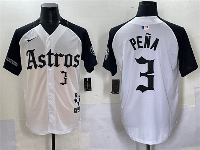 Men's Houston Astros #3 Jeremy Pe?a White Black Gothic 'Houston Born Barrio Raised' Limited Stitched Baseball Jersey Men's Houston Astros #3 Jeremy Pe?a White Black Gothic 'Houston Born Barrio Raised' Limited Stitched Baseball Jersey