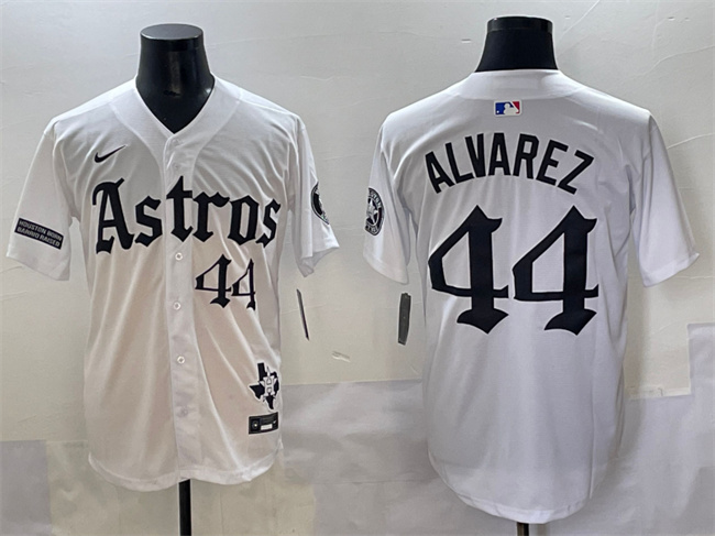 Men's Houston Astros #44 Yordan Alvarez White Gothic 'Houston Born Barrio Raised' Limited Stitched Baseball Jersey Men's Houston Astros #44 Yordan Alvarez White Gothic 'Houston Born Barrio Raised' Limited Stitched Baseball Jersey