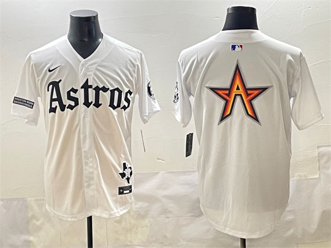 Men's Houston Astros Team Big Logo White Gothic 'Houston Born Barrio Raised' Limited Stitched Baseball Jersey 004 Men's Houston Astros Team Big Logo White Gothic 'Houston Born Barrio Raised' Limited Stitched Baseball Jersey 004