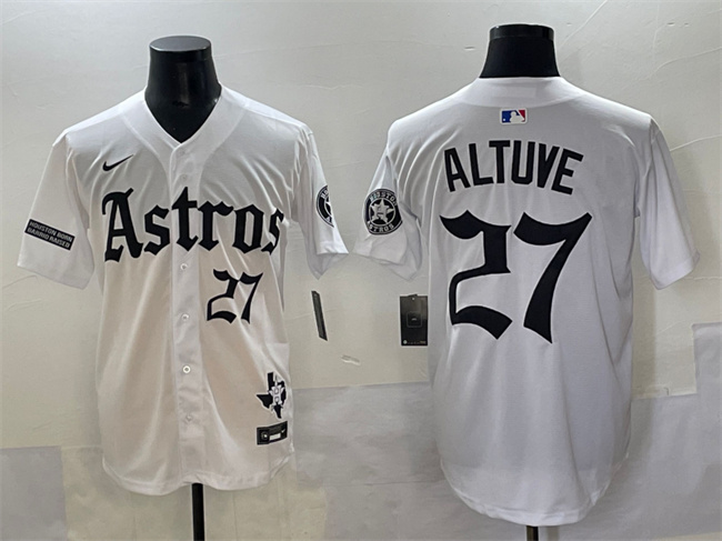 Men's Houston Astros #27 Jose Altuve White Gothic 'Houston Born Barrio Raised' Limited Stitched Baseball Jersey Men's Houston Astros #27 Jose Altuve White Gothic 'Houston Born Barrio Raised' Limited Stitched Baseball Jersey