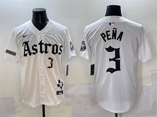 Men's Houston Astros #3 Jeremy Pe?a White Gothic 'Houston Born Barrio Raised' Limited Stitched Baseball Jersey Men's Houston Astros #3 Jeremy Pe?a White Gothic 'Houston Born Barrio Raised' Limited Stitched Baseball Jersey