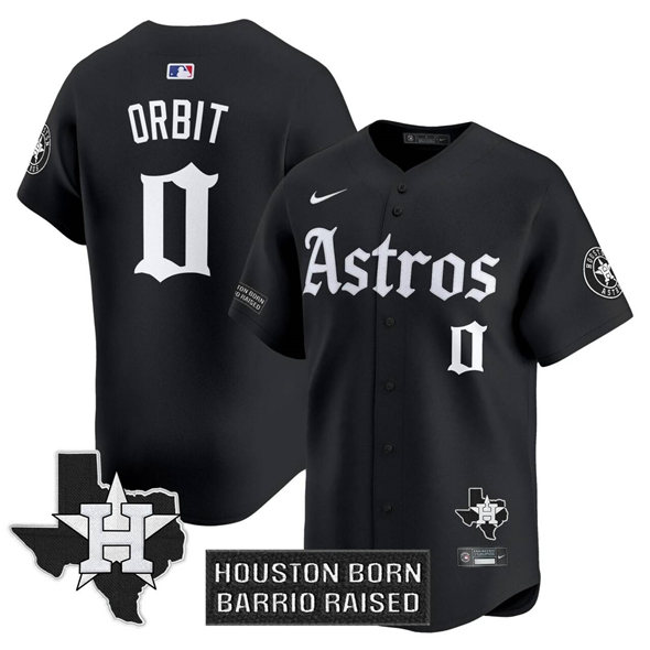 Men's Houston Astros #0 Orbit Black Gothic 'Houston Born Barrio Raised' Limited Stitched Baseball Jersey Men's Houston Astros #0 Orbit Black Gothic 'Houston Born Barrio Raised' Limited Stitched Baseball Jersey