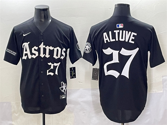 Men's Houston Astros #27 Jose Altuve Black Gothic 'Houston Born Barrio Raised' Limited Stitched Baseball Jersey Men's Houston Astros #27 Jose Altuve Black Gothic 'Houston Born Barrio Raised' Limited Stitched Baseball Jersey