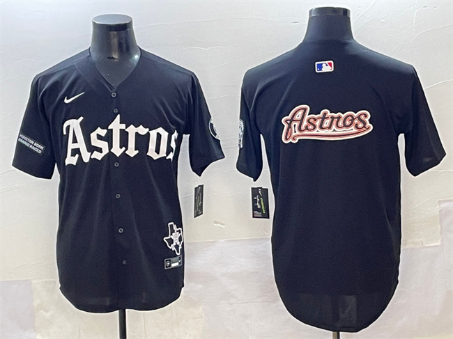 Men's Houston Astros Team Big Logo Black Gothic 'Houston Born Barrio Raised' Limited Stitched Baseball Jersey 2 Men's Houston Astros Team Big Logo Black Gothic 'Houston Born Barrio Raised' Limited Stitched Baseball Jersey 2