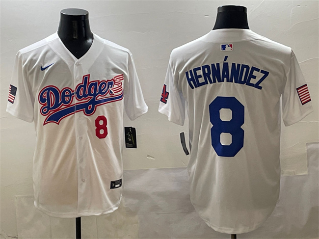 Men's Los Angeles Dodgers #8 Enrique Hernández White With American Flag Patch Limited Stitched Baseball Jersey Men's Los Angeles Dodgers #8 Enrique Hernández White With American Flag Patch Limited Stitched Baseball Jersey