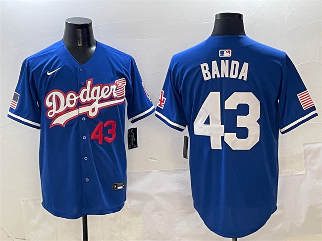 Men's Los Angeles Dodgers #43 Anthony Banda Royal With American Flag Patch Limited Stitched Baseball Jersey Men's Los Angeles Dodgers #43 Anthony Banda Royal With American Flag Patch Limited Stitched Baseball Jersey