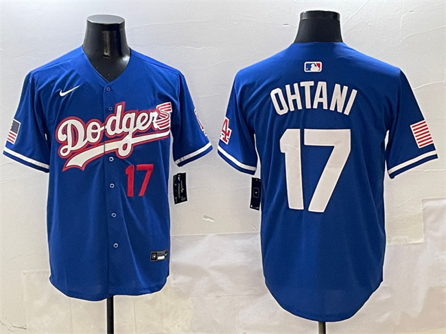 Men's Los Angeles Dodgers #17 Shohei Ohtani Royal With American Flag Patch Limited Stitched Baseball Jersey Men's Los Angeles Dodgers #17 Shohei Ohtani Royal With American Flag Patch Limited Stitched Baseball Jersey