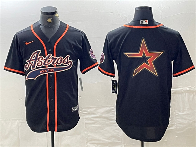 Men's Houston Astros Black Team Big Logo With Patch Cool Base Stitched Baseball Jersey 2 Men's Houston Astros Black Team Big Logo With Patch Cool Base Stitched Baseball Jersey 2