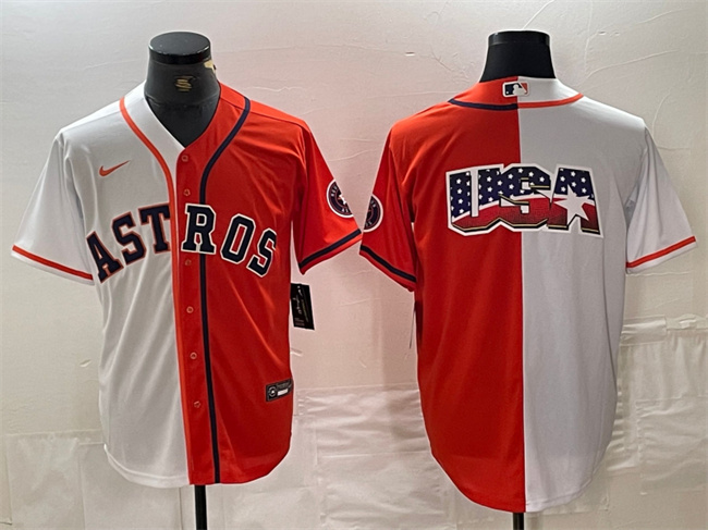 Men's Houston Astros White Orange Split Team Big Logo With Patch Cool Base Stitched Baseball Jersey Men's Houston Astros White Orange Split Team Big Logo With Patch Cool Base Stitched Baseball Jersey
