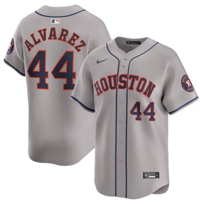 Men's Houston Astros #44 Yordan Alvarez Grey 2024 Away Limited Stitched Baseball Jersey Men's Houston Astros #44 Yordan Alvarez Grey 2024 Away Limited Stitched Baseball Jersey