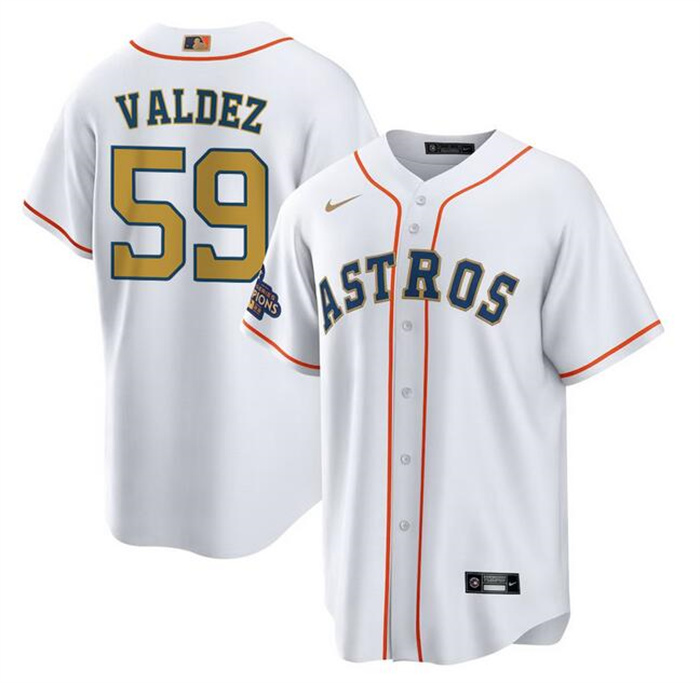 Men's Houston Astros #59 Framber Valdez White Gold Cool Base Stitched Baseball Jersey Men's Houston Astros #59 Framber Valdez White Gold Cool Base Stitched Baseball Jersey
