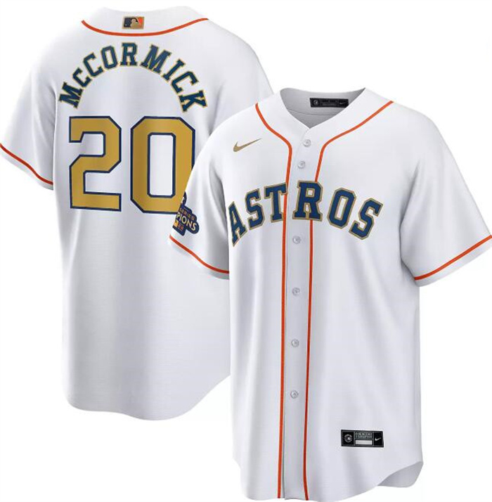 Men's Houston Astros #20 Chas McCormick White 2023 Gold Collection With World Serise Champions Patch Cool Base Stitched Baseball Jersey Men's Houston Astros #20 Chas McCormick White 2023 Gold Collection With World Serise Champions Patch Cool Base Stitched Baseball Jersey