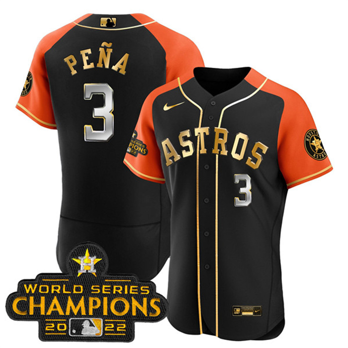 Men's Houston Astros #3 Jeremy Pe?a 2023 Black Gold V2 Alternate Flex Base Stitched Baseball Jersey Men's Houston Astros #3 Jeremy Pe?a 2023 Black Gold V2 Alternate Flex Base Stitched Baseball Jersey