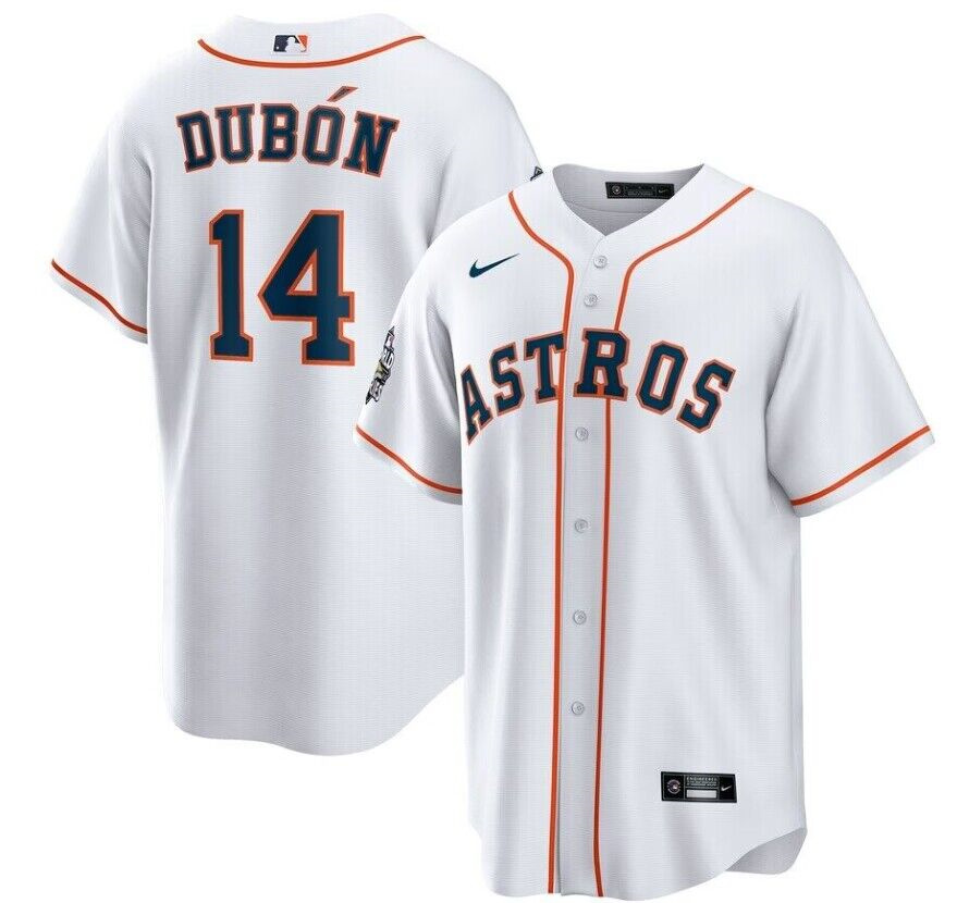 Men's Houston Astros #14 Mauricio Dubón White 2022 World Series Patch Cool Base Stitched Baseball Jersey Men's Houston Astros #14 Mauricio Dubón White 2022 World Series Patch Cool Base Stitched Baseball Jersey