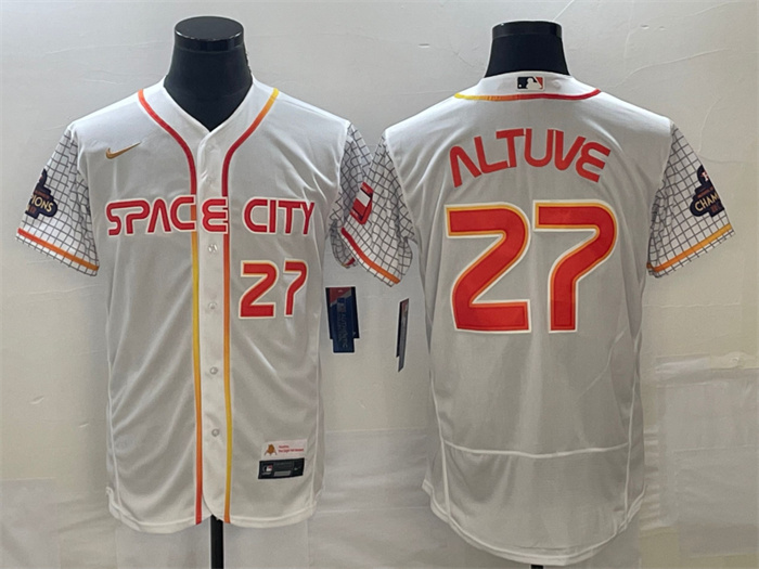 Men's Houston Astros #27 Jose Altuve White With 2022 World Serise Champions Patch Stitched Baseball Jersey Men's Houston Astros #27 Jose Altuve White With 2022 World Serise Champions Patch Stitched Baseball Jersey