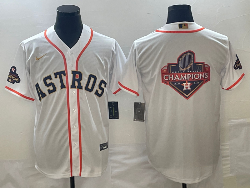 Men's Houston Astros White 2023 Gold Collection With World Serise Champions Patch Team Big Logo Cool Base Stitched Baseball Jersey Men's Houston Astros White 2023 Gold Collection With World Serise Champions Patch Team Big Logo Cool Base Stitched Baseball Jersey