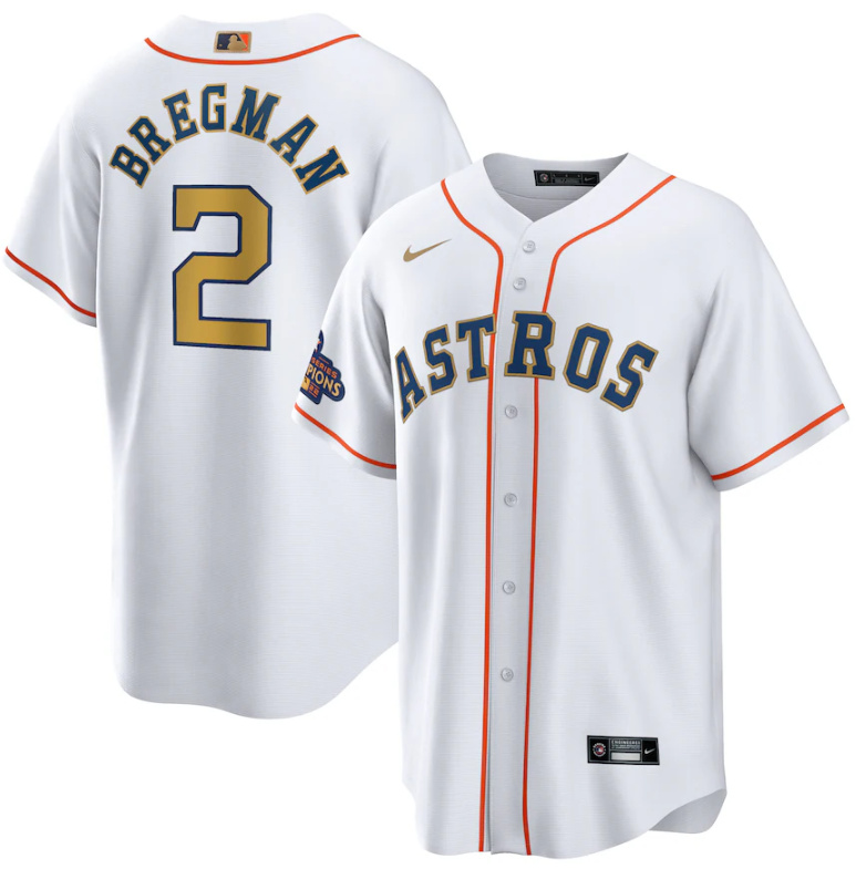 Men's Houston Astros #2 Alex Bregman White 2023 Gold Collection With World Serise Champions Patch Cool Base Stitched Baseball Jersey Men's Houston Astros #2 Alex Bregman White 2023 Gold Collection With World Serise Champions Patch Cool Base Stitched Baseball Jersey