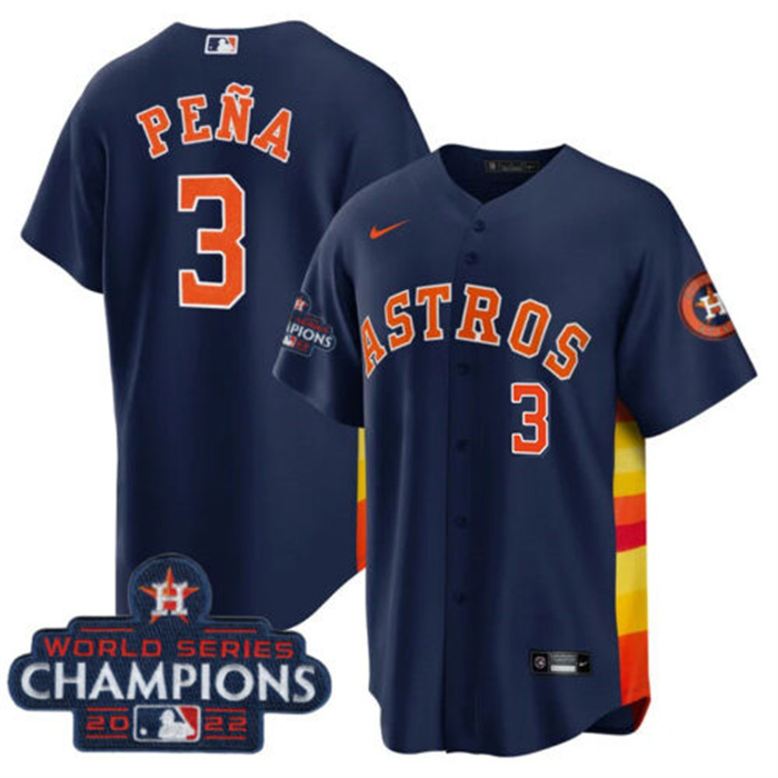 Men's Houston Astros #3 Jeremy Pe?a Navy 2022 World Series Champions Cool Base With No. In Front Stitched Baseball Jersey Men's Houston Astros #3 Jeremy Pe?a Navy 2022 World Series Champions Cool Base With No. In Front Stitched Baseball Jersey