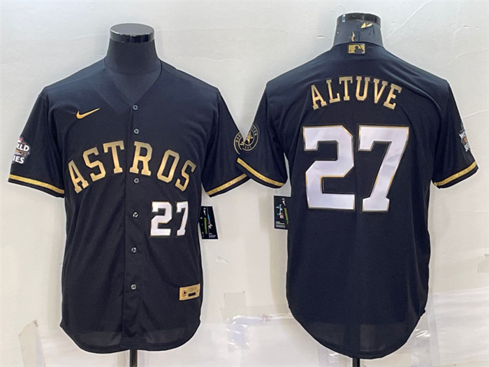 Men's Houston Astros #27 Jose Altuve Black Gold 2022 World Series Stitched Baseball Jersey Men's Houston Astros #27 Jose Altuve Black Gold 2022 World Series Stitched Baseball Jersey
