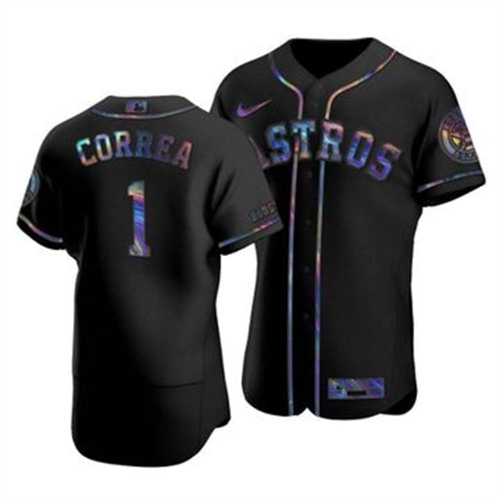 Houston Astros #1 Carlos Correa Men's Nike Iridescent Holographic Collection MLB Jersey - Black Houston Astros #1 Carlos Correa Men's Nike Iridescent Holographic Collection MLB Jersey - Black
