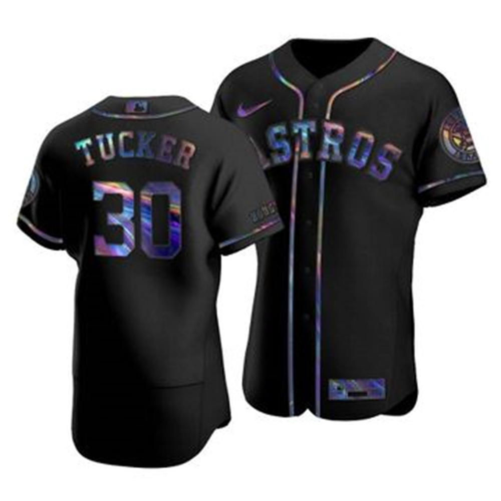Houston Astros #30 Kyle Tucker Men's Nike Iridescent Holographic Collection MLB Jersey - Black Houston Astros #30 Kyle Tucker Men's Nike Iridescent Holographic Collection MLB Jersey - Black