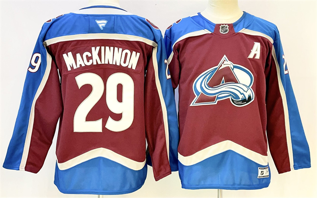 Men's Colorado Avalanche #29 Nathan MacKinnon Burgundy 2024-25 With A Patch Stitched Jersey Men's Colorado Avalanche #29 Nathan MacKinnon Burgundy 2024-25 With A Patch Stitched Jersey