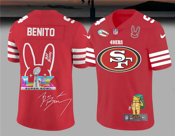 Men's San Francisco 49ers Red Bad Bunny Super Bowl Football Jersey Men's San Francisco 49ers Red Bad Bunny Super Bowl Football Jersey