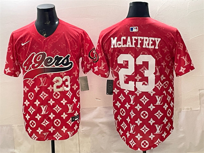 Men's San Francisco 49ers #23 Christian McCaffrey Red Limited Stitched Baseball Jersey Men's San Francisco 49ers #23 Christian McCaffrey Red Limited Stitched Baseball Jersey