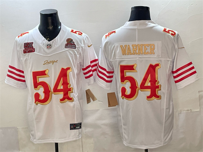 Men's San Francisco 49ers #54 Fred Warner White Gold 2025 F.U.S.E. “Rivalries” 5x Super Bowl Champions Patch Vapor Limited Stitched Football Jersey Men's San Francisco 49ers #54 Fred Warner White Gold 2025 F.U.S.E. “Rivalries” 5x Super Bowl Champions Patch Vapor Limited Stitched Football Jersey