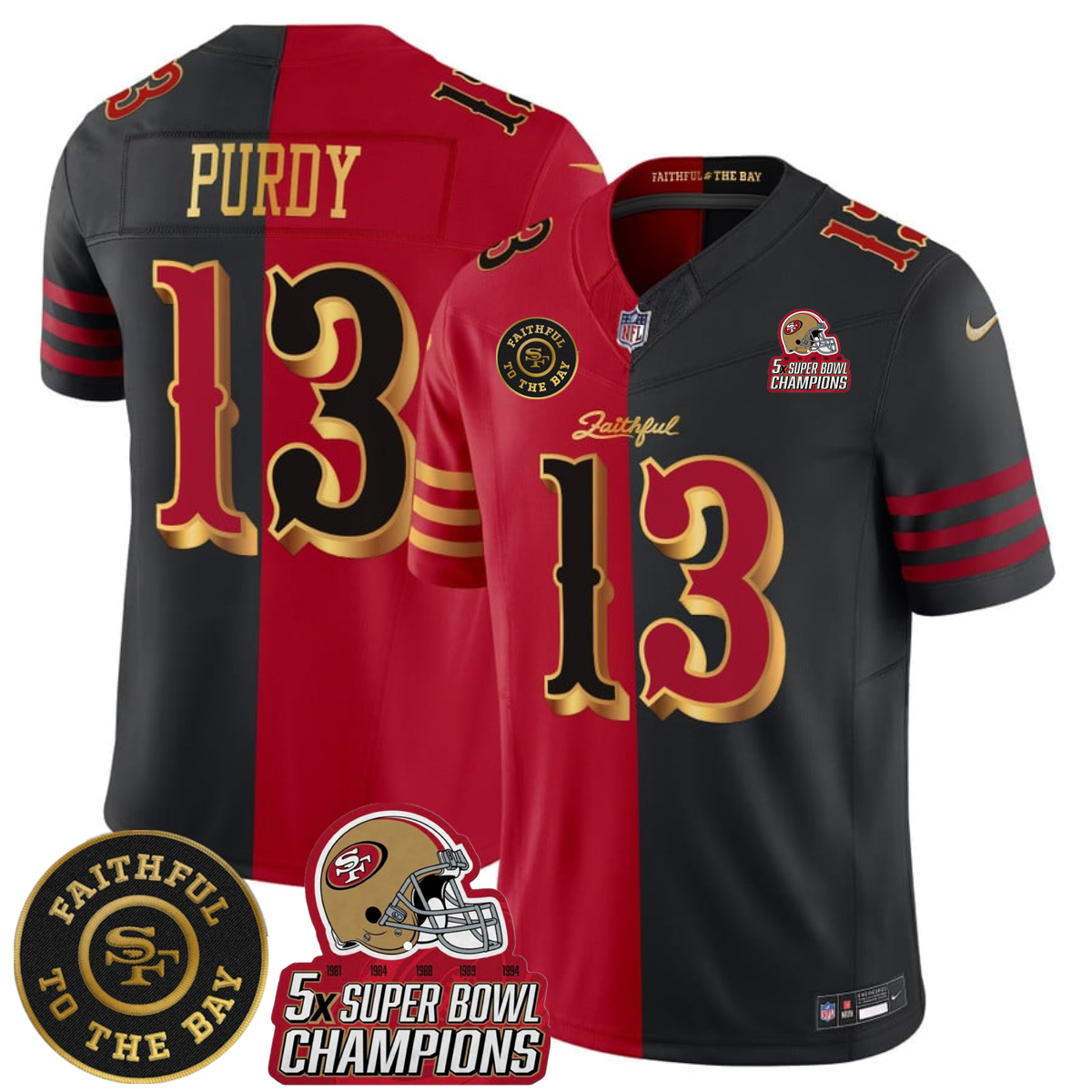 Men's San Francisco 49ers Active Player Custom Black Red Splite F.U.S.E. Faithful To The Bay Patch And 5x Super Bowl Champions Patch Vapor Limited Stitched Football Jersey Men's San Francisco 49ers Active Player Custom Black Red Splite F.U.S.E. Faithful To The Bay Patch And 5x Super Bowl Champions Patch Vapor Limited Stitched Football Jersey
