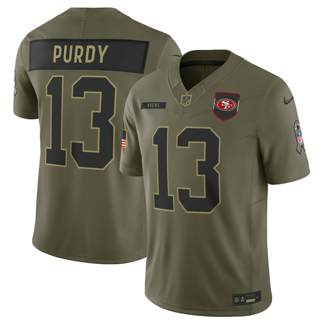 Men's San Francisco 49ers #13 Brock Purdy Olive 2025 Salute to Service Limited Stitched Football Jersey Men's San Francisco 49ers #13 Brock Purdy Olive 2025 Salute to Service Limited Stitched Football Jersey