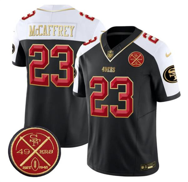 Men's San Francisco 49ers #23 Christian McCaffrey Black Alternate F.U.S.E. Est.1946 Patch Vapor Limited Stitched Football Jersey Men's San Francisco 49ers #23 Christian McCaffrey Black Alternate F.U.S.E. Est.1946 Patch Vapor Limited Stitched Football Jersey