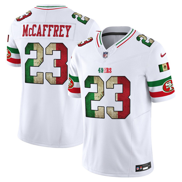 Men's San Francisco 49ers #23 Christian McCaffrey White 2025 F.U.S.E. Mexico Vapor Limited Stitched Football Jersey Men's San Francisco 49ers #23 Christian McCaffrey White 2025 F.U.S.E. Mexico Vapor Limited Stitched Football Jersey