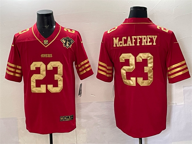 Men's San Francisco 49ers #23 Christian McCaffrey Red Gold With 75th Patch Vapor Limited Stitched Football Jersey Men's San Francisco 49ers #23 Christian McCaffrey Red Gold With 75th Patch Vapor Limited Stitched Football Jersey