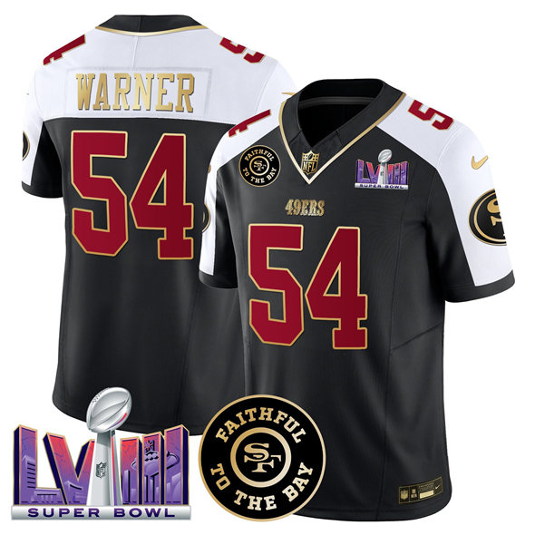 Men's San Francisco 49ers #54 Fred Warner Black Alternate 2025 F.U.S.E. Faithful & Super Bowl LVIII Patch Vapor Limited Stitched Football Jersey Men's San Francisco 49ers #54 Fred Warner Black Alternate 2025 F.U.S.E. Faithful & Super Bowl LVIII Patch Vapor Limited Stitched Football Jersey