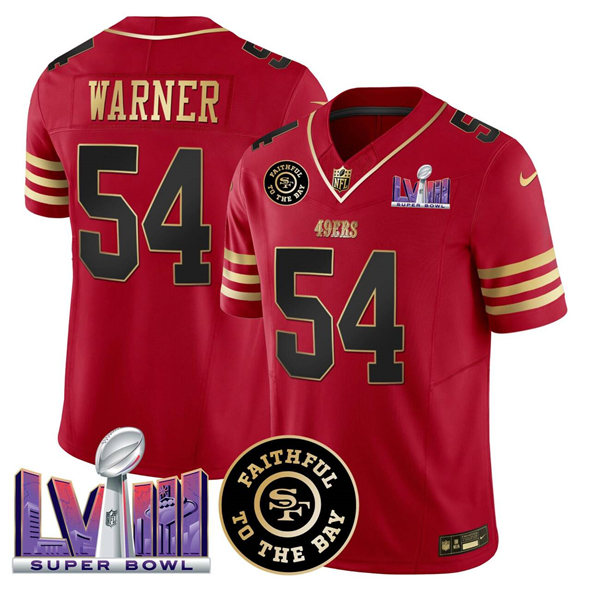 Men's San Francisco 49ers #54 Fred warner Red 2025 F.U.S.E. Faithful & Super Bowl LVIII Patch Vapor Limited Stitched Football Jersey Men's San Francisco 49ers #54 Fred warner Red 2025 F.U.S.E. Faithful & Super Bowl LVIII Patch Vapor Limited Stitched Football Jersey