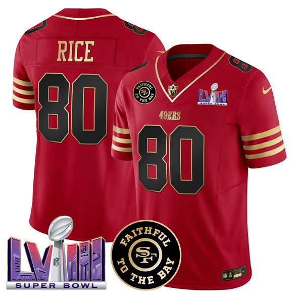 Men's San Francisco 49ers #80 Jerry Rice Red 2025 F.U.S.E. Faithful & Super Bowl LVIII Patch Vapor Limited Stitched Football Jersey Men's San Francisco 49ers #80 Jerry Rice Red 2025 F.U.S.E. Faithful & Super Bowl LVIII Patch Vapor Limited Stitched Football Jersey